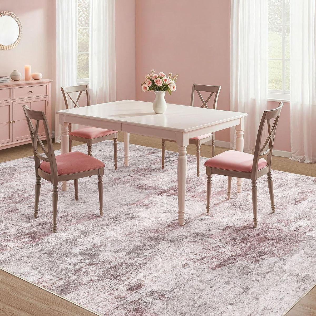 5x7 Washable Area Rug - Neutral Modern Abstract Living Room Rugs, Non-Slip Soft Large Indoor Floor Carpet for Bedroom Home Office & Under Dining Table Decor, Pink Grey