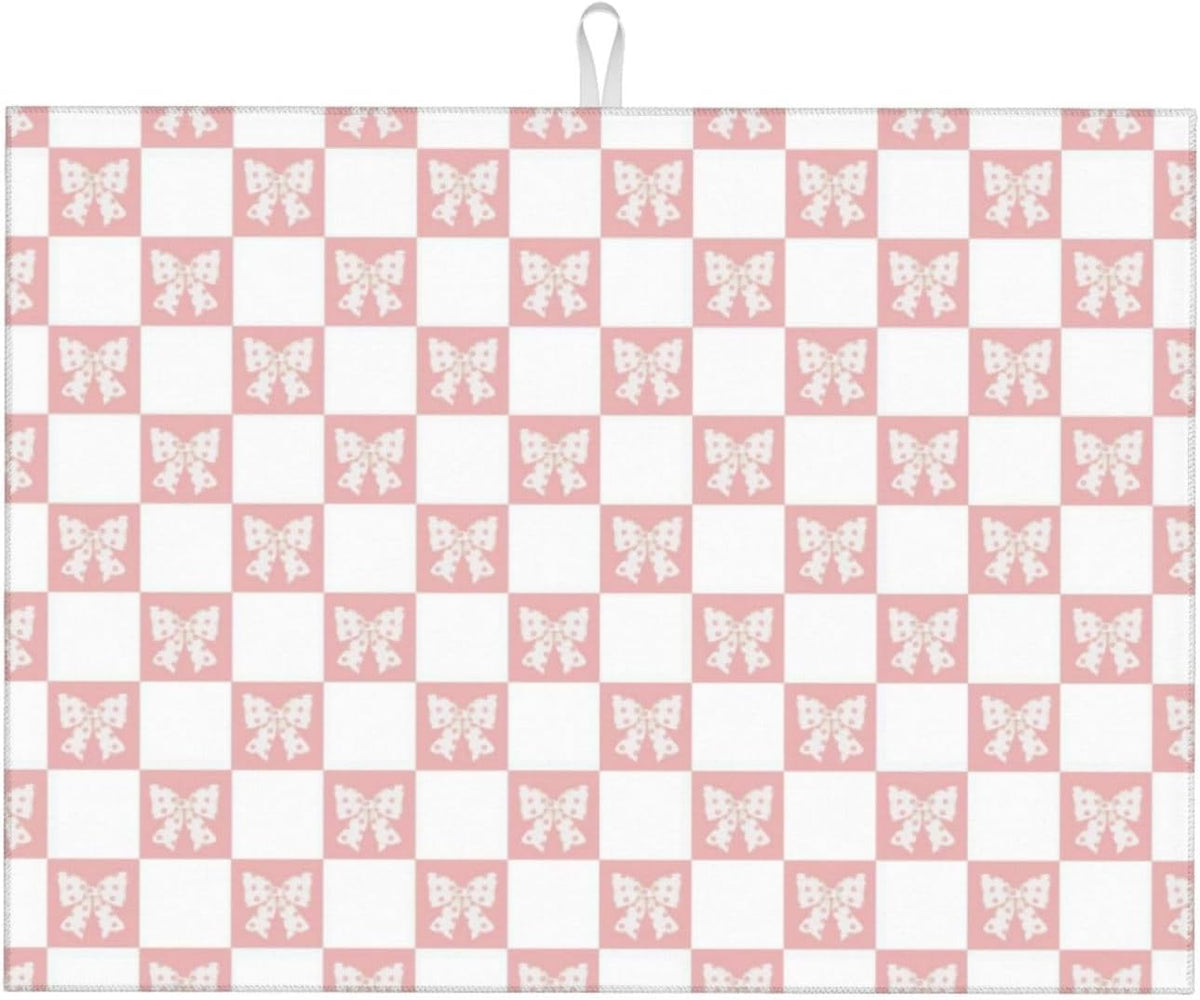 Pink Bow Dish Drying Mat 18x24 For Kitchen Counter Absorbent Microfiber Dishes Pad Dish Drainer Rack Mats Fast Dry Kitchen Accessories