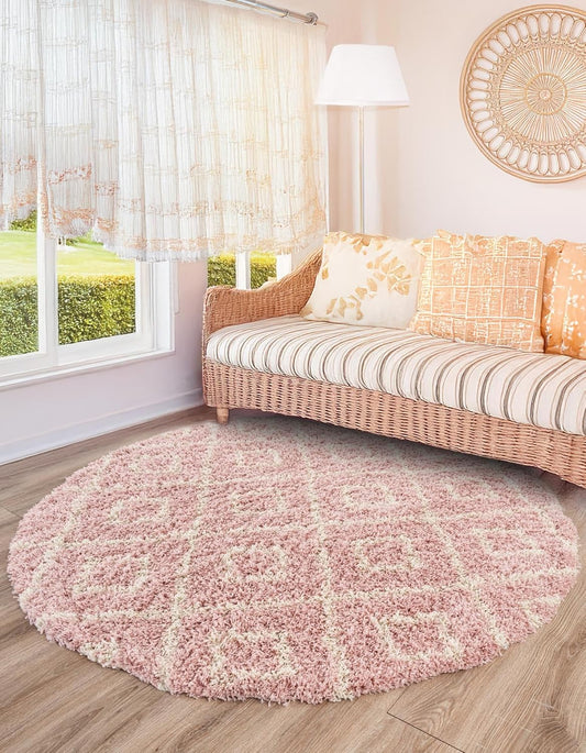 Lattice Shag Collection Rug – 3 Ft Round Light Pink Shag-Pile Rug Perfect for Kitchens, Dining Rooms