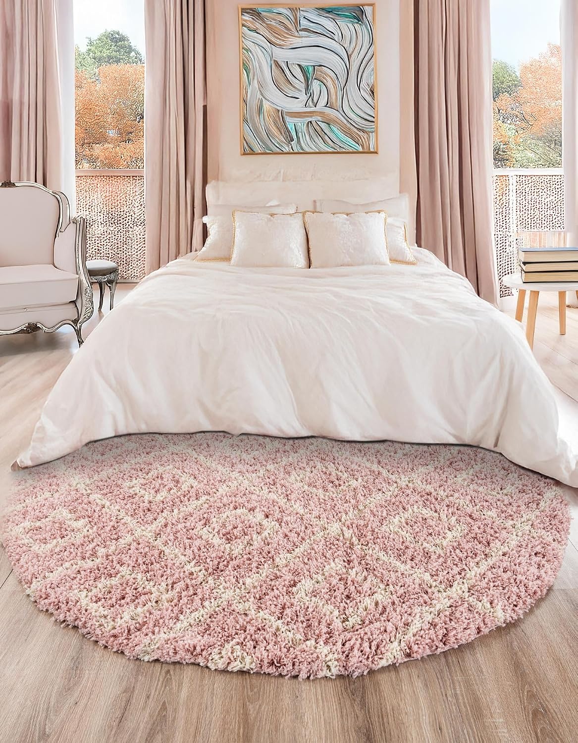 Lattice Shag Collection Rug – 3 Ft Round Light Pink Shag-Pile Rug Perfect for Kitchens, Dining Rooms