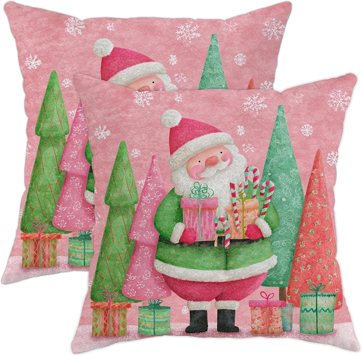 Santa Throw Pillow Covers, Christmas Fanciful Xmas Trees Presents Peach Soft Velvet Washable Accents Pillows Cases for Living Room Bed Office Sofa Chair Decor 12x12 Inch