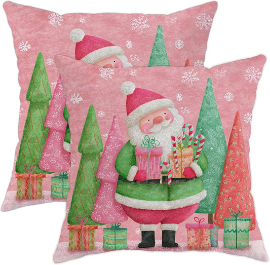 Santa Throw Pillow Covers, Christmas Fanciful Xmas Trees Presents Peach Soft Velvet Washable Accents Pillows Cases for Living Room Bed Office Sofa Chair Decor 12x12 Inch