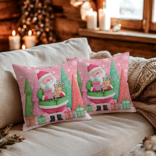 Santa Throw Pillow Covers, Christmas Fanciful Xmas Trees Presents Peach Soft Velvet Washable Accents Pillows Cases for Living Room Bed Office Sofa Chair Decor 12x12 Inch