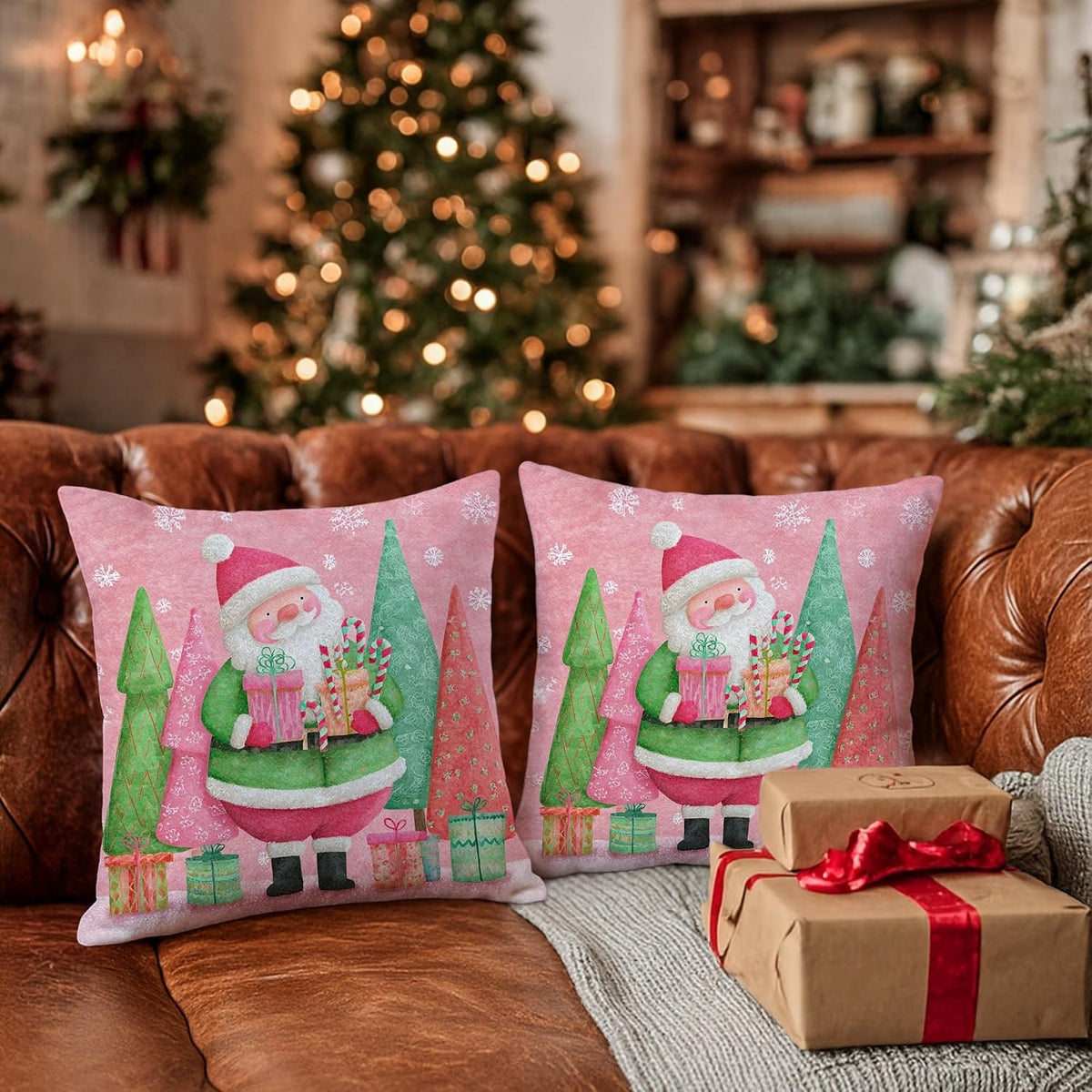 Santa Throw Pillow Covers, Christmas Fanciful Xmas Trees Presents Peach Soft Velvet Washable Accents Pillows Cases for Living Room Bed Office Sofa Chair Decor 12x12 Inch