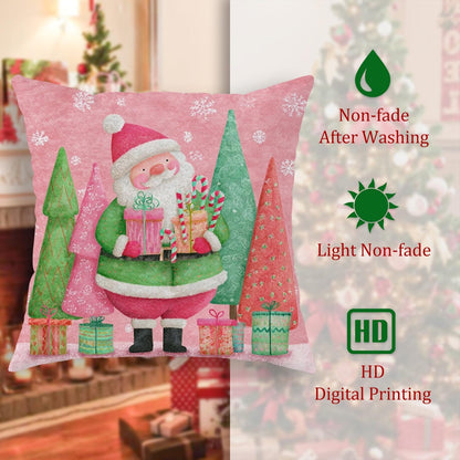 Santa Throw Pillow Covers, Christmas Fanciful Xmas Trees Presents Peach Soft Velvet Washable Accents Pillows Cases for Living Room Bed Office Sofa Chair Decor 12x12 Inch