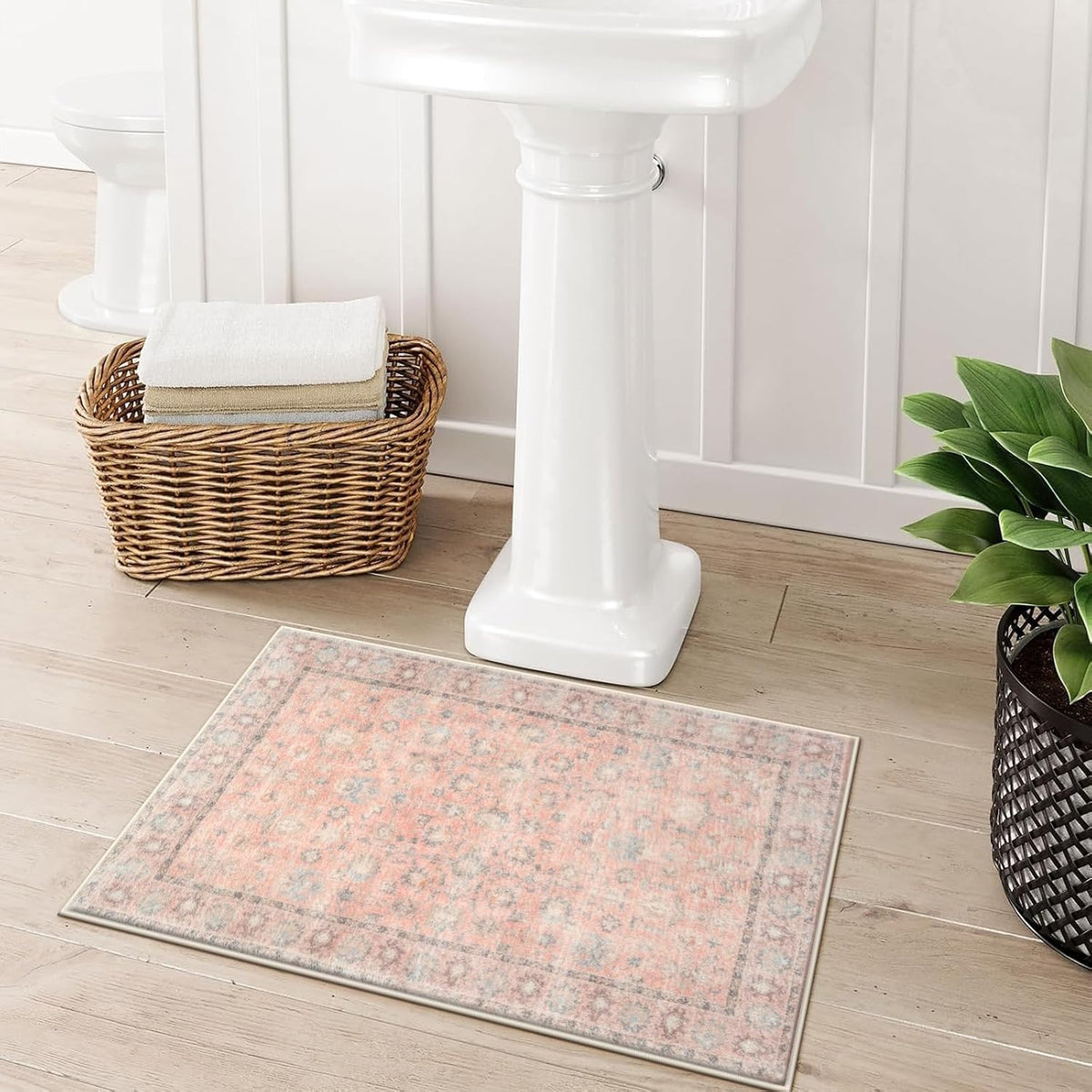 Boho Bathroom Rug Mat 18x26, Extra Soft Non Slip Absorbent Water Bath Rug, Quick Dry Machine Washable Microfiber Shaggy Shower Mat, Bath Mat for Bathroom Floor Bathtub Sink Toilet Vanity, Pink