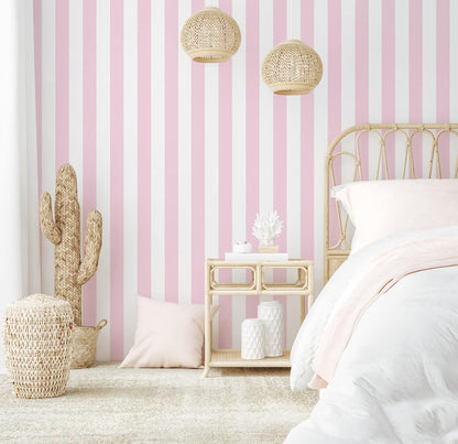 Pink and White Peel and Stick Wallpaper Striped Cute 17.7"x197"