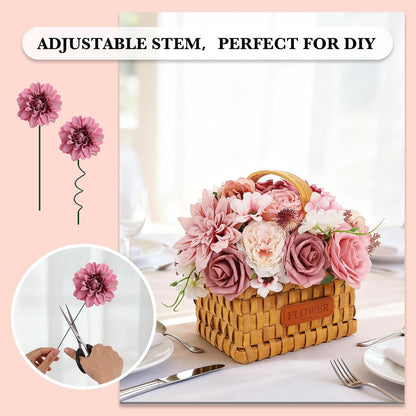 Artificial Flowers Dusty Pink Artificial Flower Combo Box Set Fake Roses Bouquets Bridal Wedding Shower Decorations Fake Floral for Party Centerpieces Floral Arrangements Pink Blush Flowers