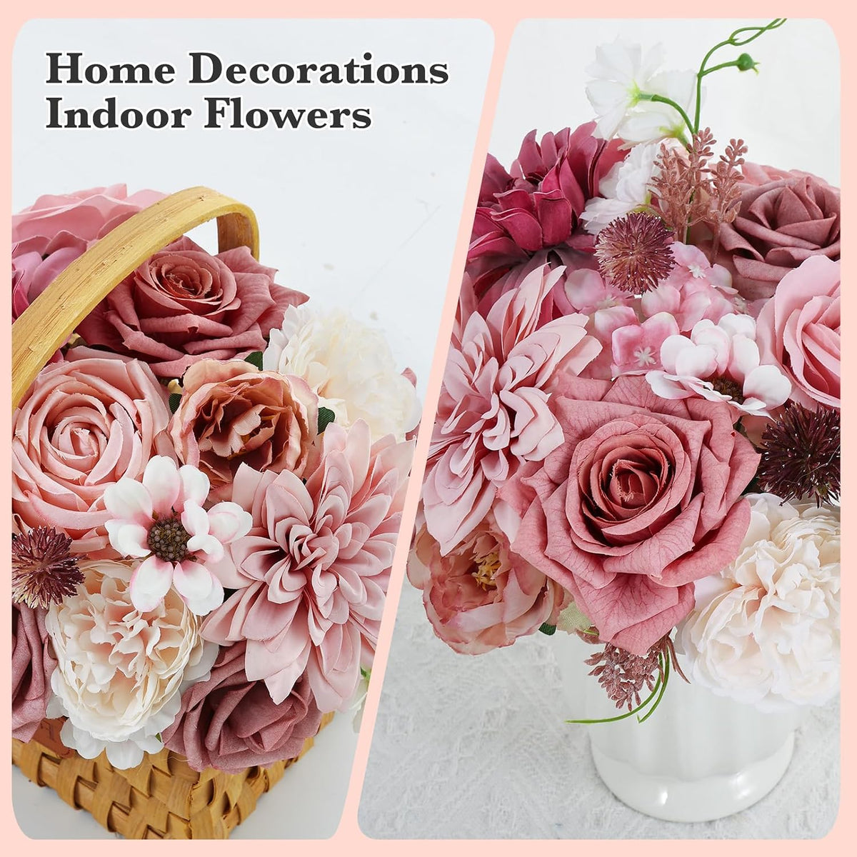 Artificial Flowers Dusty Pink Artificial Flower Combo Box Set Fake Roses Bouquets Bridal Wedding Shower Decorations Fake Floral for Party Centerpieces Floral Arrangements Pink Blush Flowers