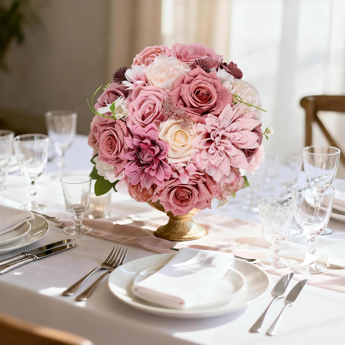 Artificial Flowers Dusty Pink Artificial Flower Combo Box Set Fake Roses Bouquets Bridal Wedding Shower Decorations Fake Floral for Party Centerpieces Floral Arrangements Pink Blush Flowers
