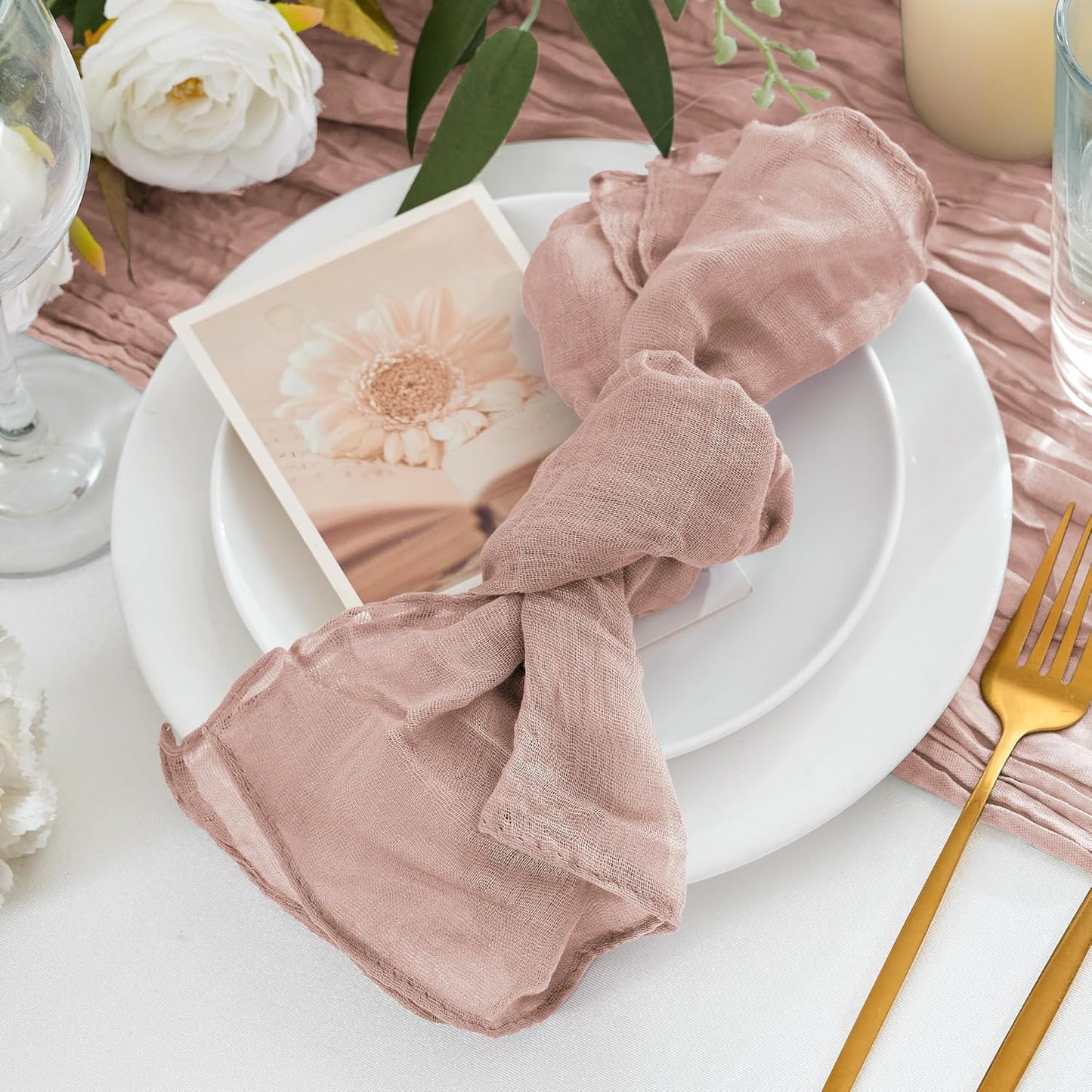 12 Pack Cheesecloth Napkins 20"x20" Dusty Pink Boho Gauze Cheese Cloth Napkins Bulk Rustic Dinner Table Decor for Wedding Bridal Baby Shower Party