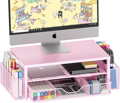 Desk Organizer and Accessories, 2-Tier Computer Monitor Stand Riser with Drawer and 2 Pen Holders, Laptop Stand, Office Desk Accessories for Office Supplies, Pink