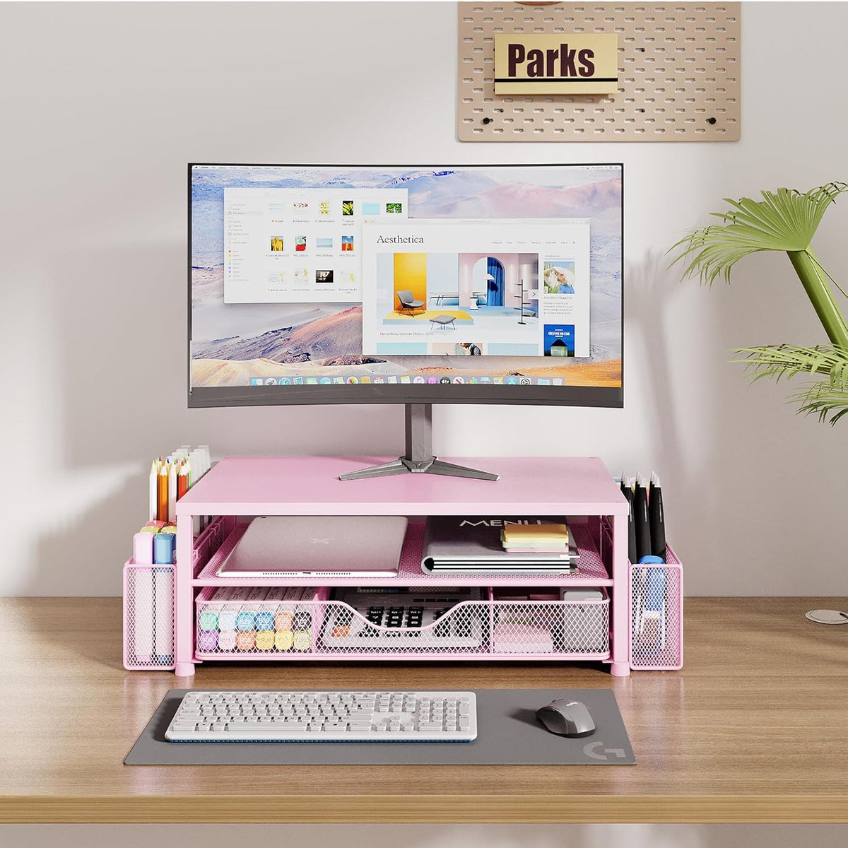 Desk Organizer and Accessories, 2-Tier Computer Monitor Stand Riser with Drawer and 2 Pen Holders, Laptop Stand, Office Desk Accessories for Office Supplies, Pink