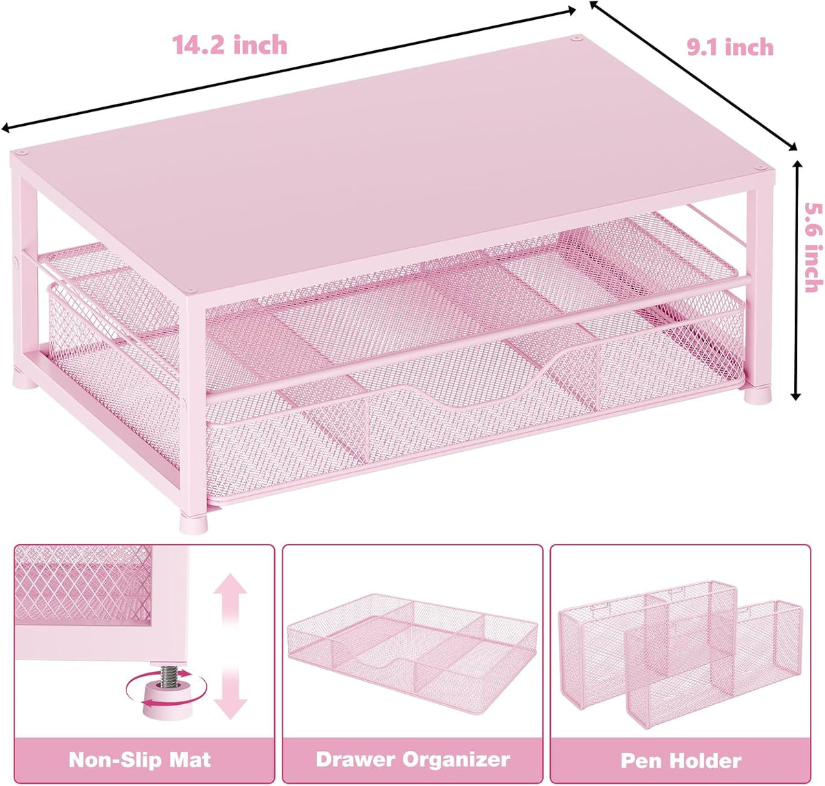 Desk Organizer and Accessories, 2-Tier Computer Monitor Stand Riser with Drawer and 2 Pen Holders, Laptop Stand, Office Desk Accessories for Office Supplies, Pink