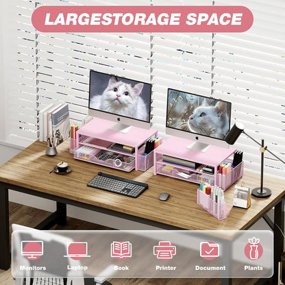 Desk Organizer and Accessories, 2-Tier Computer Monitor Stand Riser with Drawer and 2 Pen Holders, Laptop Stand, Office Desk Accessories for Office Supplies, Pink