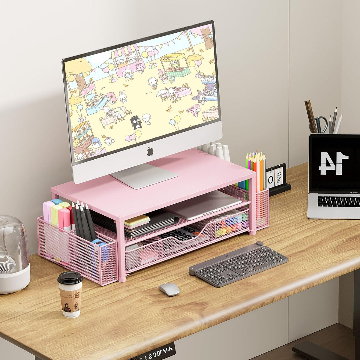 Desk Organizer and Accessories, 2-Tier Computer Monitor Stand Riser with Drawer and 2 Pen Holders, Laptop Stand, Office Desk Accessories for Office Supplies, Pink
