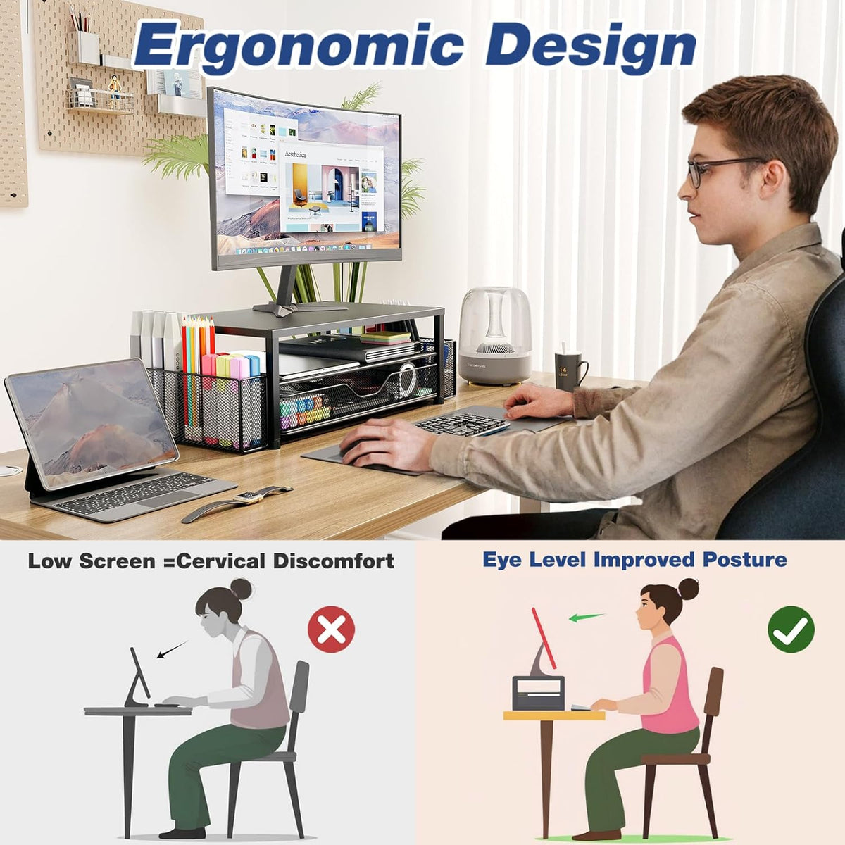 Desk Organizer and Accessories, 2-Tier Computer Monitor Stand Riser with Drawer and 2 Pen Holders, Laptop Stand, Office Desk Accessories for Office Supplies, Pink