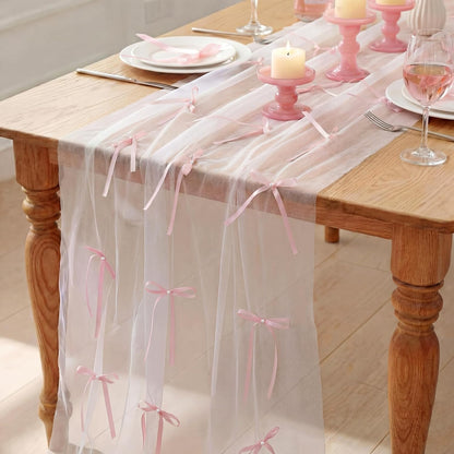 1 Pc Pink Bow Tulle Table Runner 10 ft Sheer Tablecloth Decor