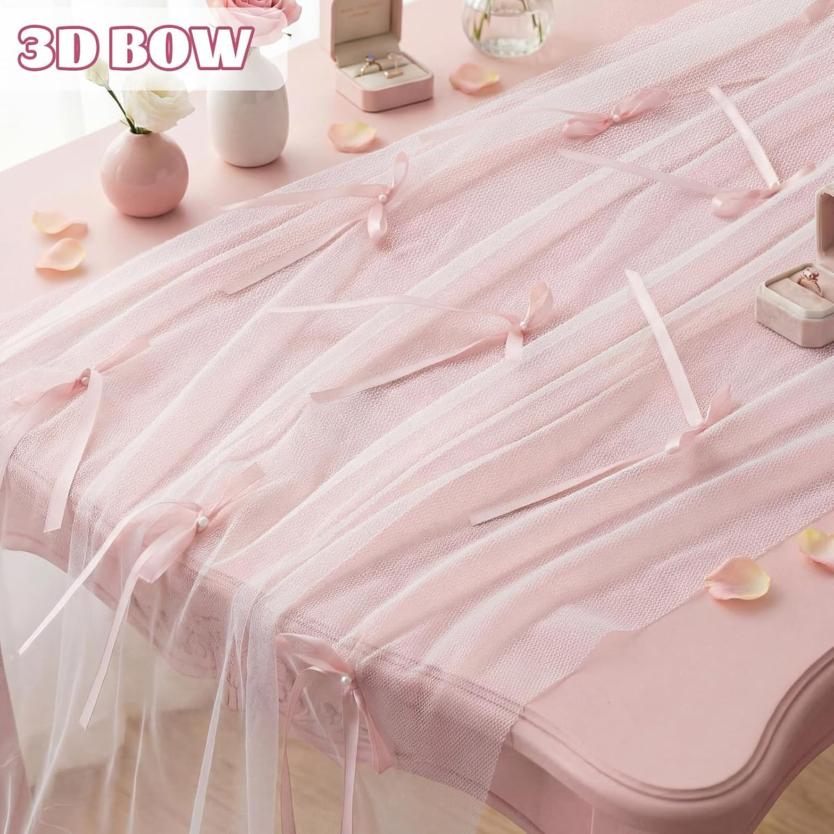 1 Pc Pink Bow Tulle Table Runner 10 ft Sheer Tablecloth Decor
