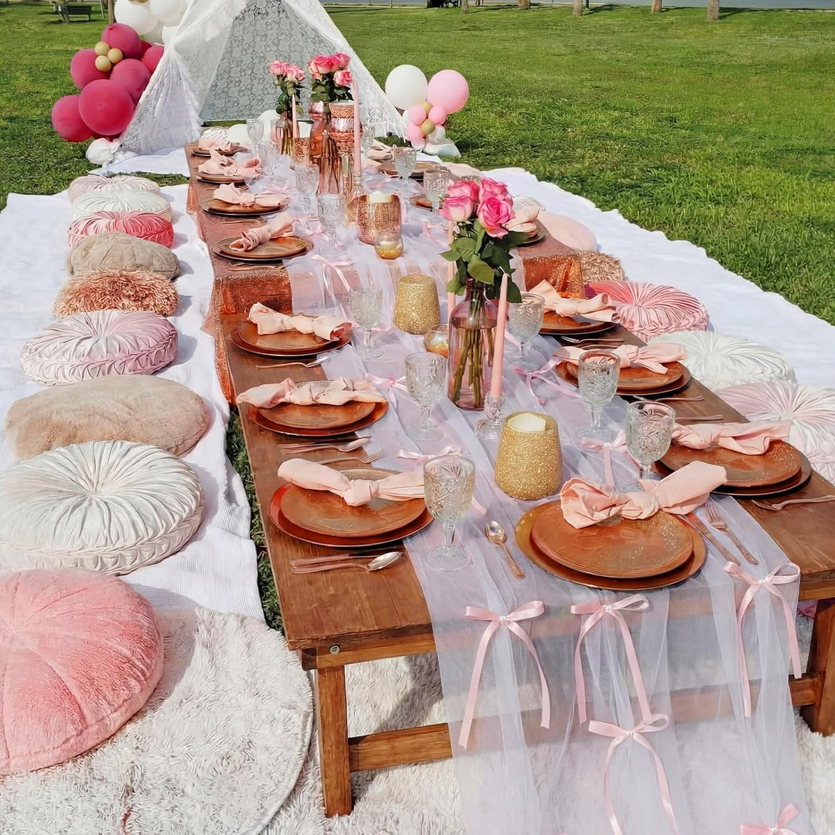 1 Pc Pink Bow Tulle Table Runner 10 ft Sheer Tablecloth Decor