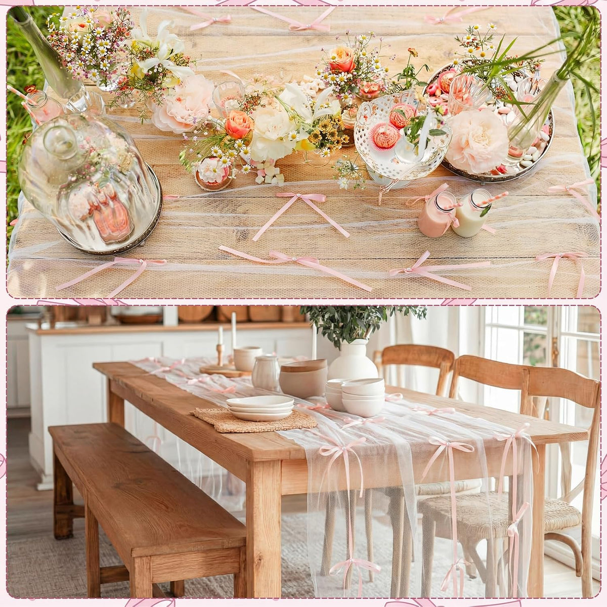 1 Pc Pink Bow Tulle Table Runner 10 ft Sheer Tablecloth Decor