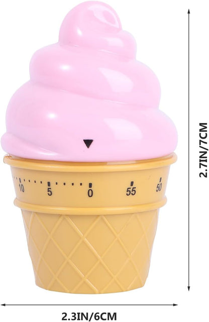 Cute Pink Ice Cream Mechanical Kitchen Timer - Wind up Cooking Timer Reminder for Boiling Eggs and Baking