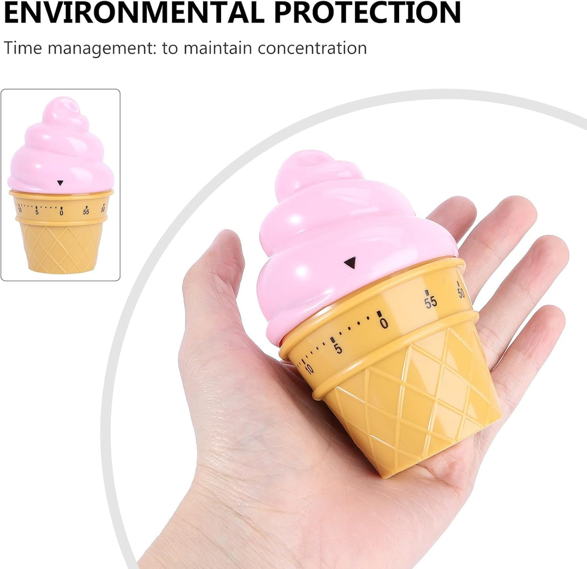 Cute Pink Ice Cream Mechanical Kitchen Timer - Wind up Cooking Timer Reminder for Boiling Eggs and Baking
