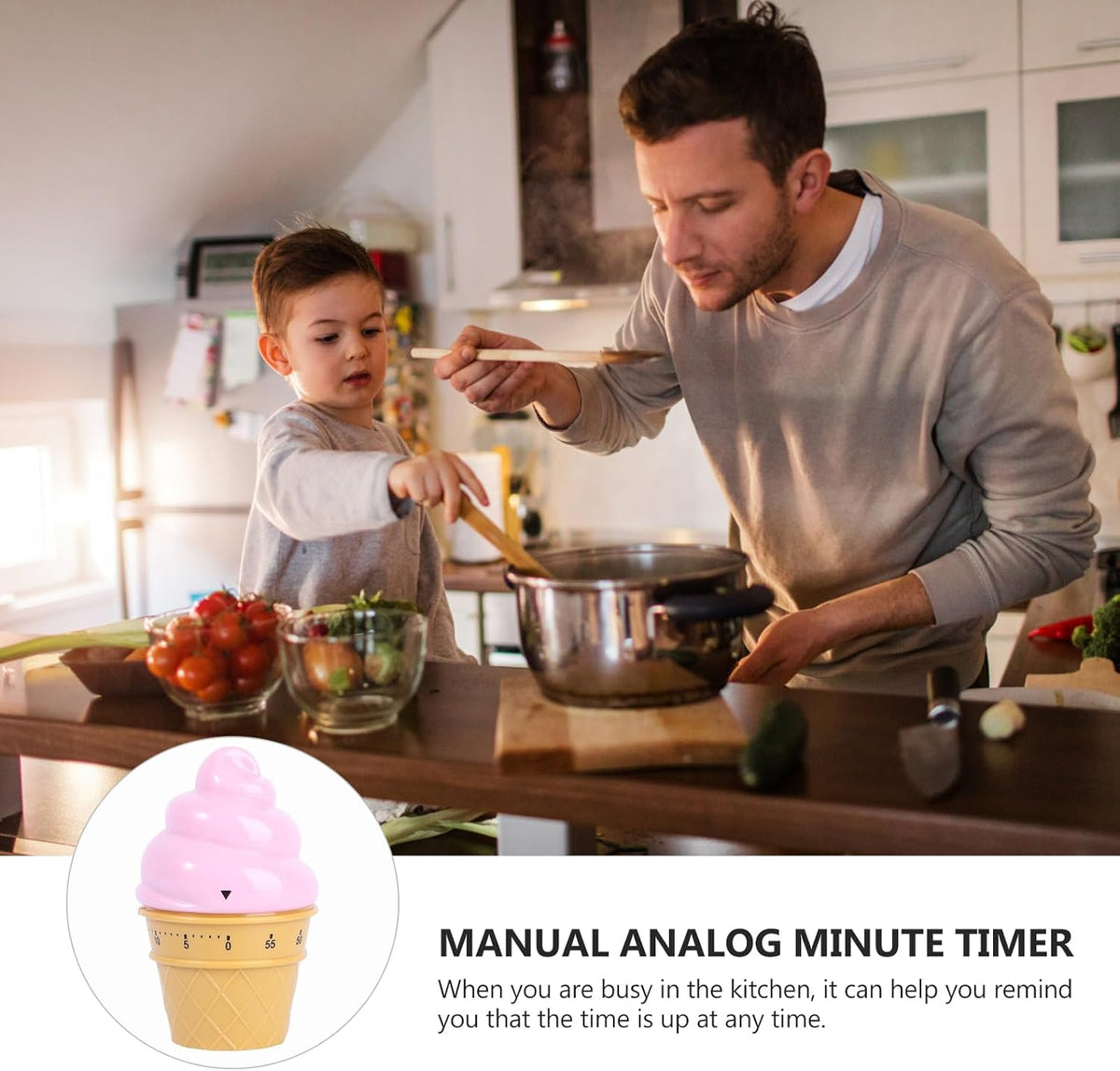Cute Pink Ice Cream Mechanical Kitchen Timer - Wind up Cooking Timer Reminder for Boiling Eggs and Baking