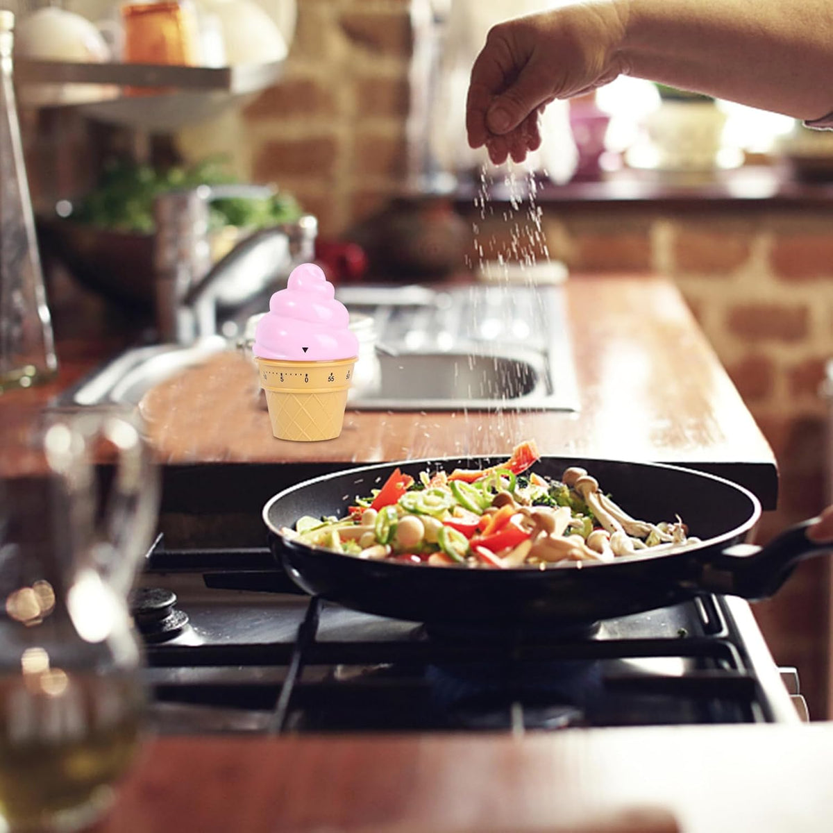 Cute Pink Ice Cream Mechanical Kitchen Timer - Wind up Cooking Timer Reminder for Boiling Eggs and Baking