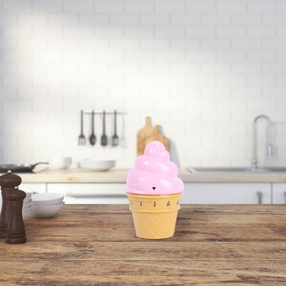 Cute Pink Ice Cream Mechanical Kitchen Timer - Wind up Cooking Timer Reminder for Boiling Eggs and Baking