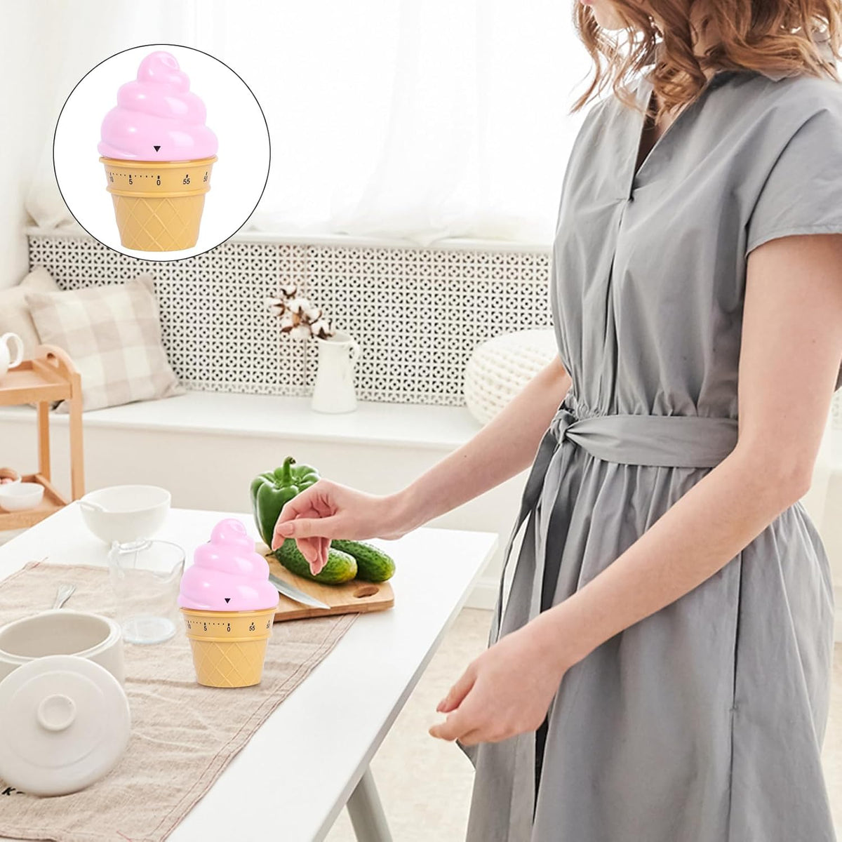 Cute Pink Ice Cream Mechanical Kitchen Timer - Wind up Cooking Timer Reminder for Boiling Eggs and Baking