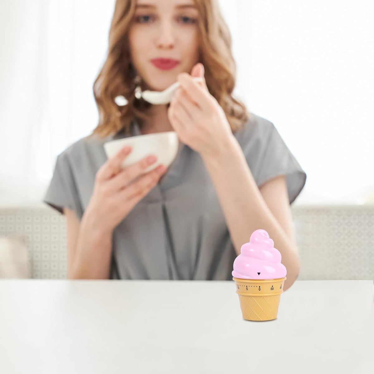 Cute Pink Ice Cream Mechanical Kitchen Timer - Wind up Cooking Timer Reminder for Boiling Eggs and Baking