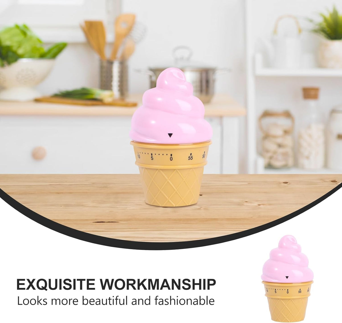 Cute Pink Ice Cream Mechanical Kitchen Timer - Wind up Cooking Timer Reminder for Boiling Eggs and Baking