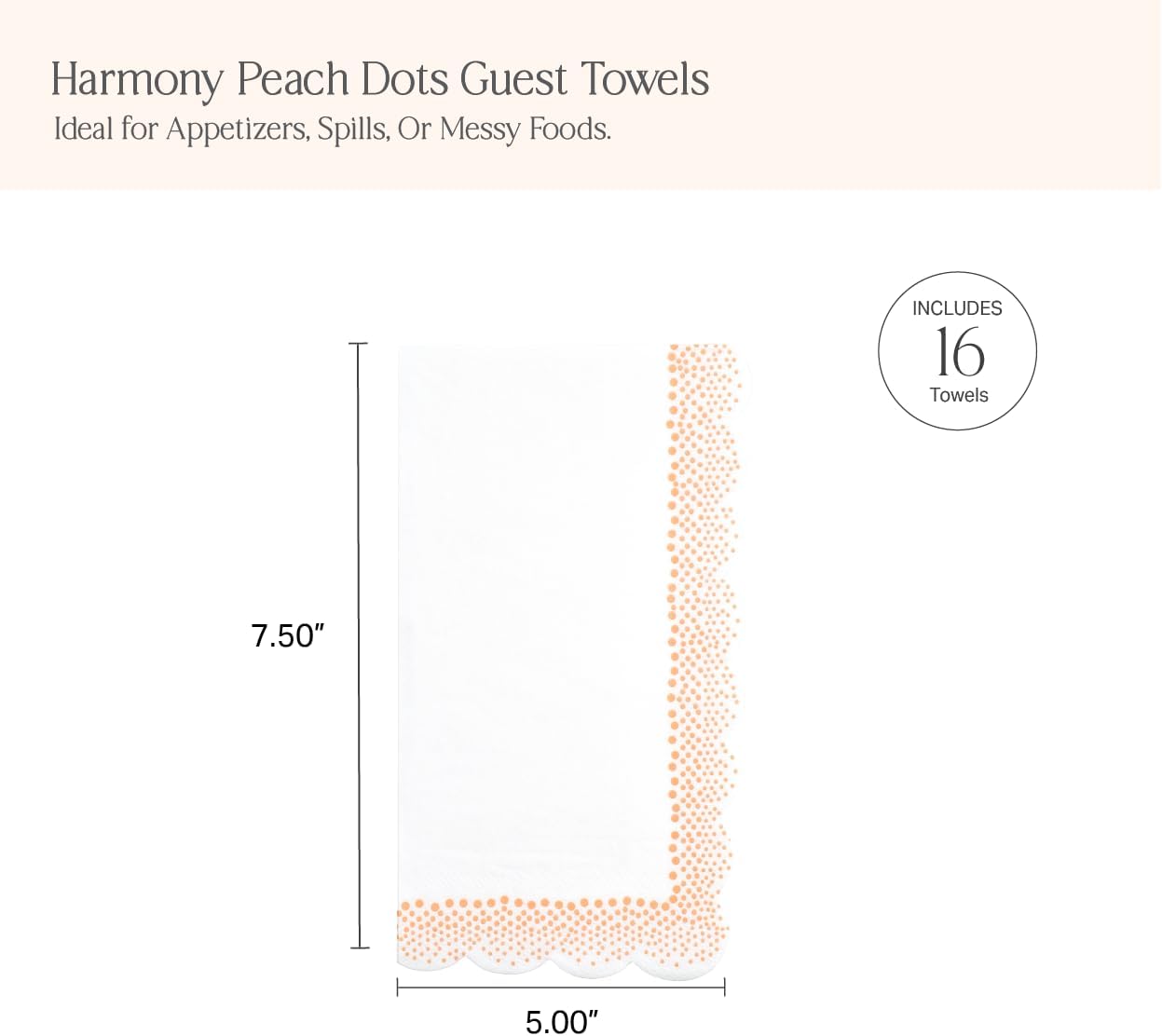 Gatherings by CP Harmony Peach Dots Guest Towels - 5 x 7.5 Inch Decorative Party Towels for Brunches, Showers, Weddings and Everyday Hosting - 16 Pack