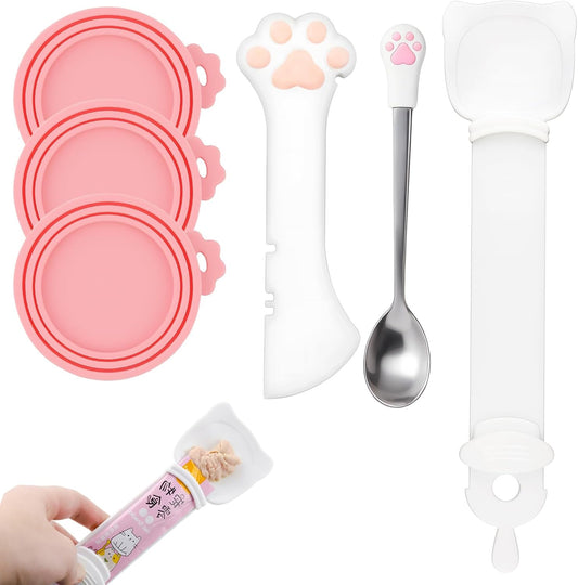 6 PCS Cat Food Can Covers Set, Reusable Silicone Can Lids with Opener, Stainless Steel Wet Food Spoon & Cat Treat Squeezer for Pet Feeding and Storage, Fits Cats & Dogs