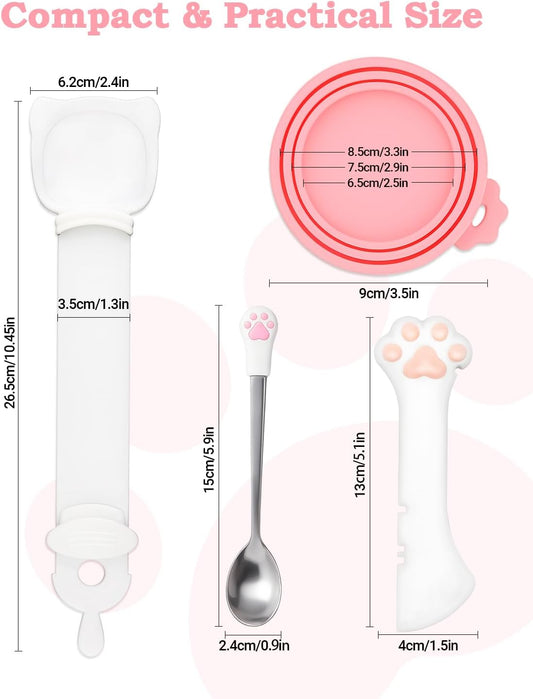 6 PCS Cat Food Can Covers Set, Reusable Silicone Can Lids with Opener, Stainless Steel Wet Food Spoon & Cat Treat Squeezer for Pet Feeding and Storage, Fits Cats & Dogs