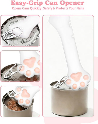 6 PCS Cat Food Can Covers Set, Reusable Silicone Can Lids with Opener, Stainless Steel Wet Food Spoon & Cat Treat Squeezer for Pet Feeding and Storage, Fits Cats & Dogs