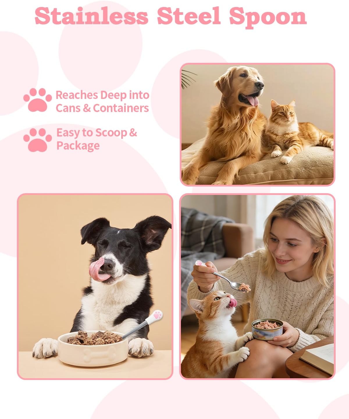 6 PCS Cat Food Can Covers Set, Reusable Silicone Can Lids with Opener, Stainless Steel Wet Food Spoon & Cat Treat Squeezer for Pet Feeding and Storage, Fits Cats & Dogs