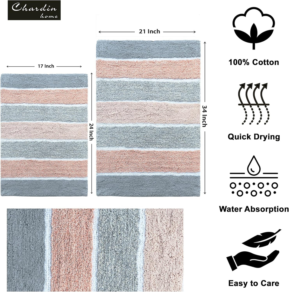 Cordural Stripes Bath Mat, Set of 2 Bath Rugs (17 Inches x24 Inches & 21 Inches x34 Inches) | Non Slip Bathroom Rug, Machine Washable, Plush, Highly Absorbent | Grey & Peach/Blush