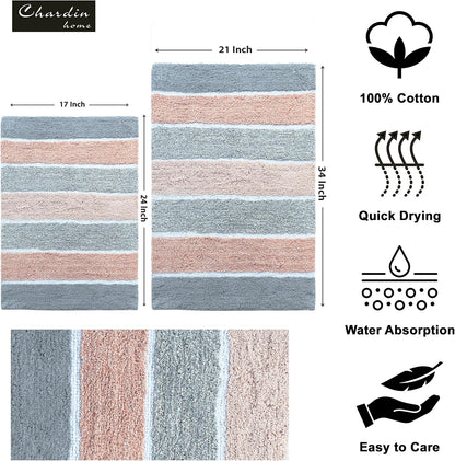 Cordural Stripes Bath Mat, Set of 2 Bath Rugs (17 Inches x24 Inches & 21 Inches x34 Inches) | Non Slip Bathroom Rug, Machine Washable, Plush, Highly Absorbent | Grey & Peach/Blush