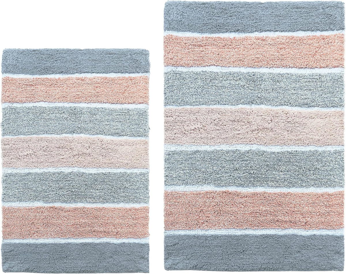 Cordural Stripes Bath Mat, Set of 2 Bath Rugs (17 Inches x24 Inches & 21 Inches x34 Inches) | Non Slip Bathroom Rug, Machine Washable, Plush, Highly Absorbent | Grey & Peach/Blush