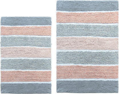 Cordural Stripes Bath Mat, Set of 2 Bath Rugs (17 Inches x24 Inches & 21 Inches x34 Inches) | Non Slip Bathroom Rug, Machine Washable, Plush, Highly Absorbent | Grey & Peach/Blush