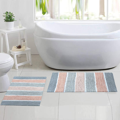 Cordural Stripes Bath Mat, Set of 2 Bath Rugs (17 Inches x24 Inches & 21 Inches x34 Inches) | Non Slip Bathroom Rug, Machine Washable, Plush, Highly Absorbent | Grey & Peach/Blush