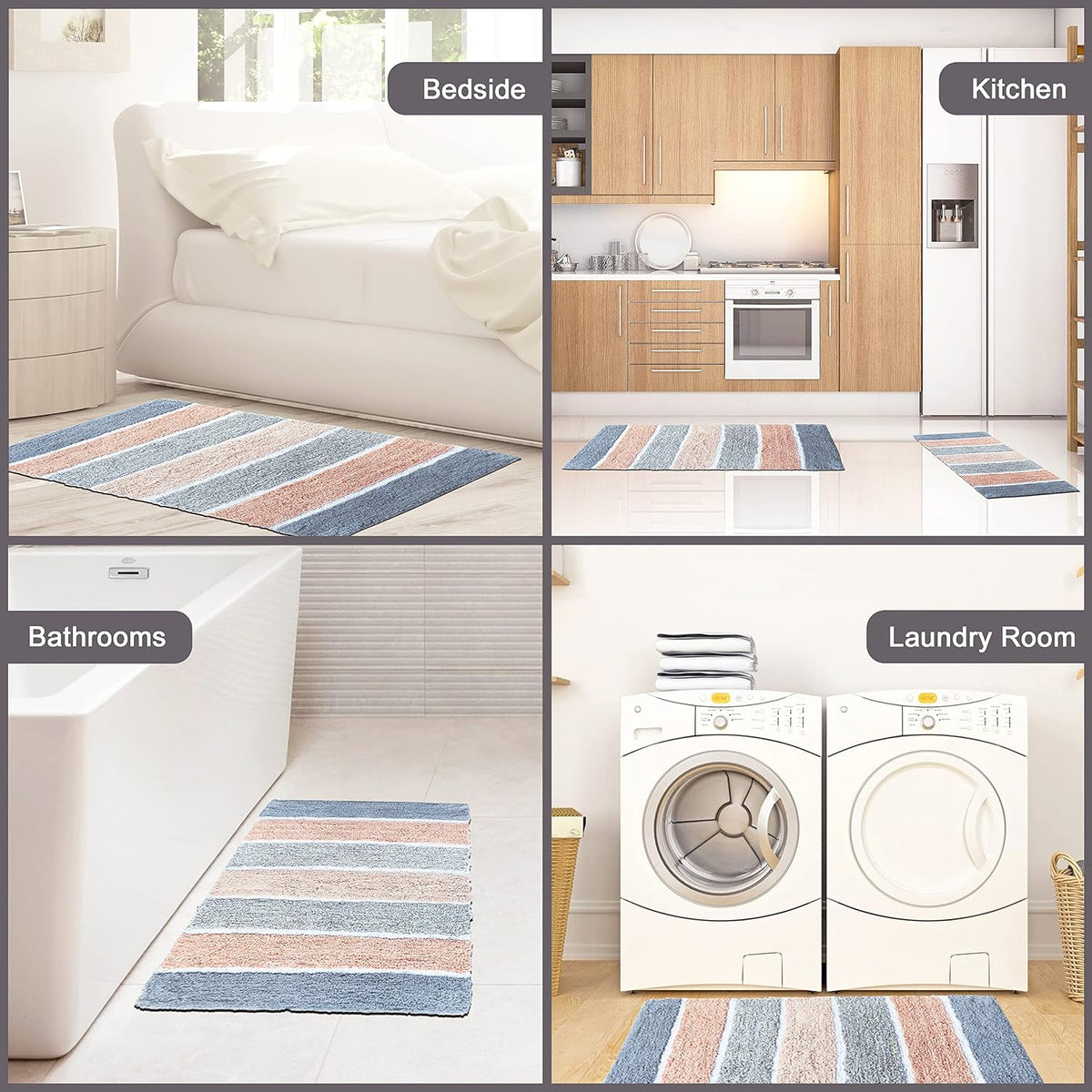 Cordural Stripes Bath Mat, Set of 2 Bath Rugs (17 Inches x24 Inches & 21 Inches x34 Inches) | Non Slip Bathroom Rug, Machine Washable, Plush, Highly Absorbent | Grey & Peach/Blush