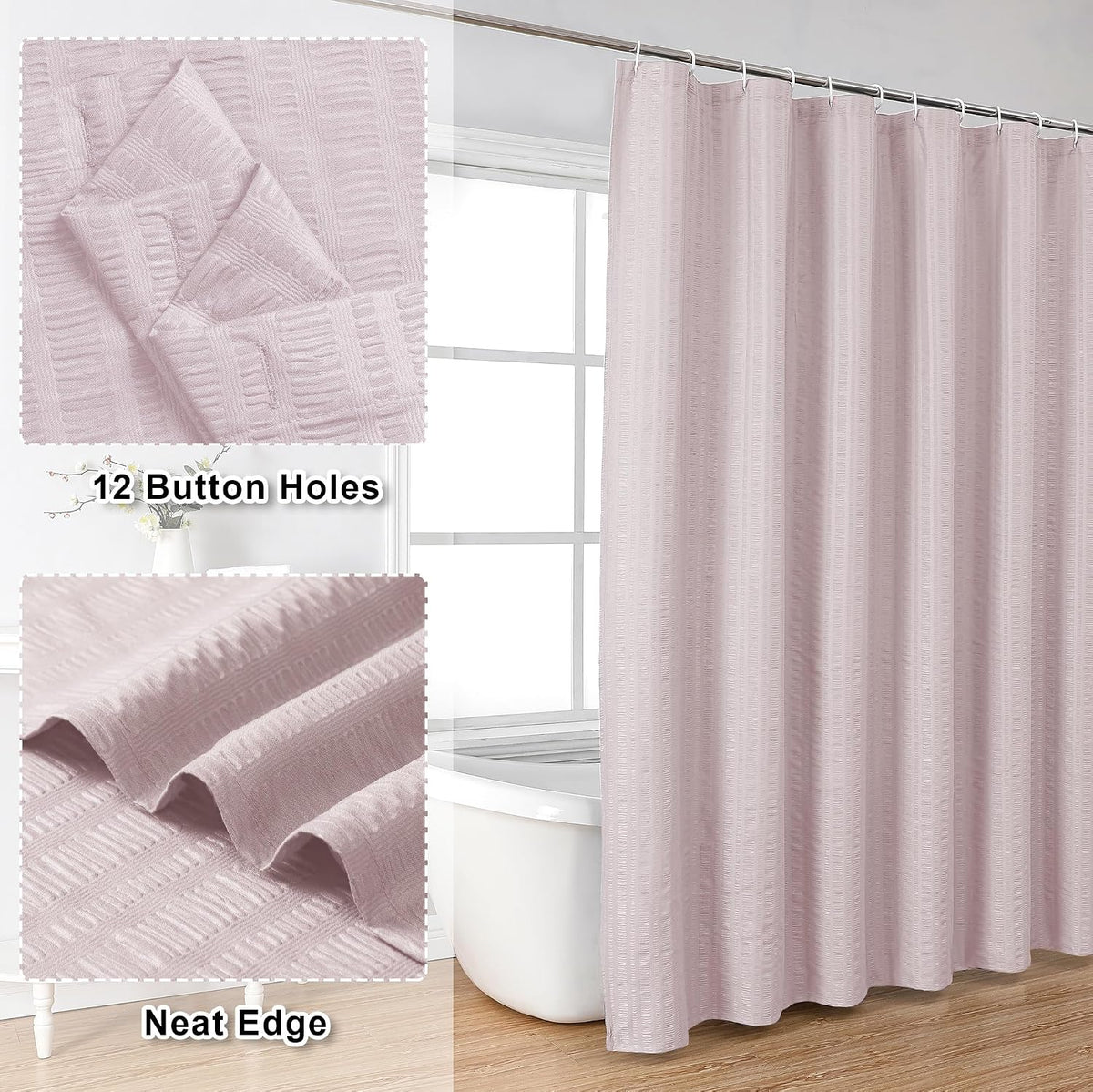 Moga Pink Shower Curtain, Pink Bathroom Curtain with Textured, Embossed Fabric Shower Curtain, Hotel Quality Bathroom Shower Curtains, 72 x 72 Inches