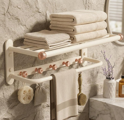 Luxury Double Bath Towel Rack, 24-Inch Rose Gold & Cream White Wall Mounted Towel Shelf, Space-Saving 90° Foldable Aluminum Towel Holder with 5 Hooks for Bathroom, Hotel, and Bedroom, Rustproof Design