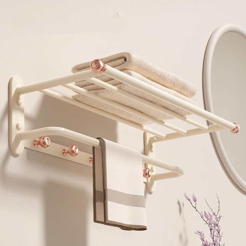Luxury Double Bath Towel Rack, 24-Inch Rose Gold & Cream White Wall Mounted Towel Shelf, Space-Saving 90° Foldable Aluminum Towel Holder with 5 Hooks for Bathroom, Hotel, and Bedroom, Rustproof Design