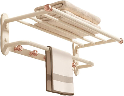 Luxury Double Bath Towel Rack, 24-Inch Rose Gold & Cream White Wall Mounted Towel Shelf, Space-Saving 90° Foldable Aluminum Towel Holder with 5 Hooks for Bathroom, Hotel, and Bedroom, Rustproof Design