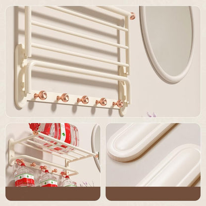 Luxury Double Bath Towel Rack, 24-Inch Rose Gold & Cream White Wall Mounted Towel Shelf, Space-Saving 90° Foldable Aluminum Towel Holder with 5 Hooks for Bathroom, Hotel, and Bedroom, Rustproof Design