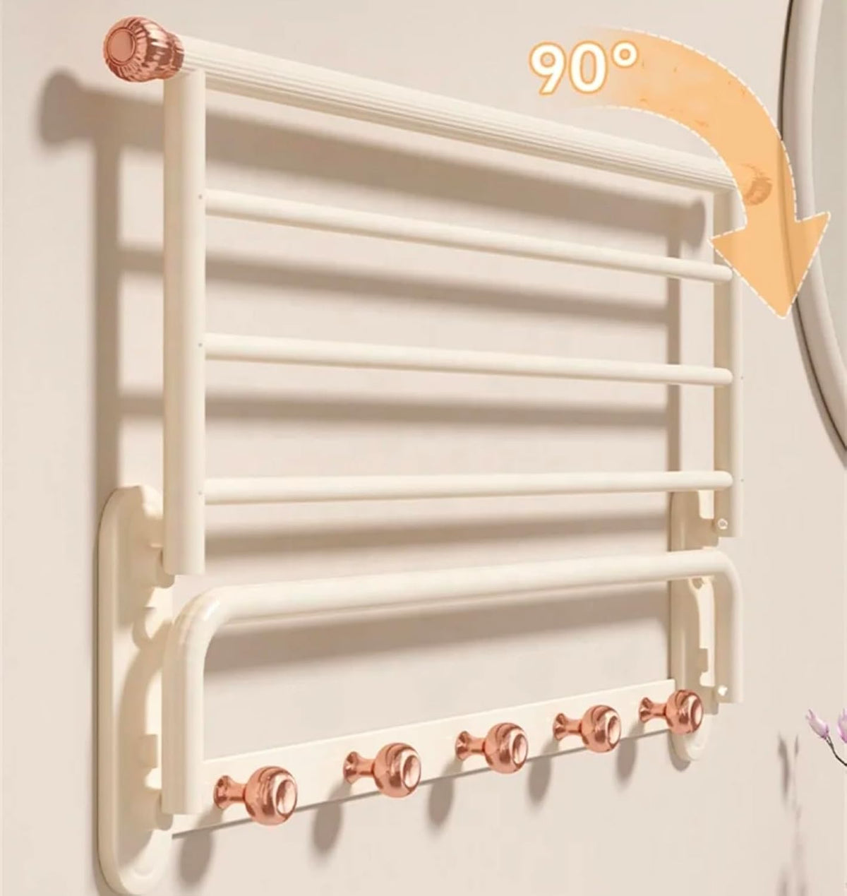 Luxury Double Bath Towel Rack, 24-Inch Rose Gold & Cream White Wall Mounted Towel Shelf, Space-Saving 90° Foldable Aluminum Towel Holder with 5 Hooks for Bathroom, Hotel, and Bedroom, Rustproof Design